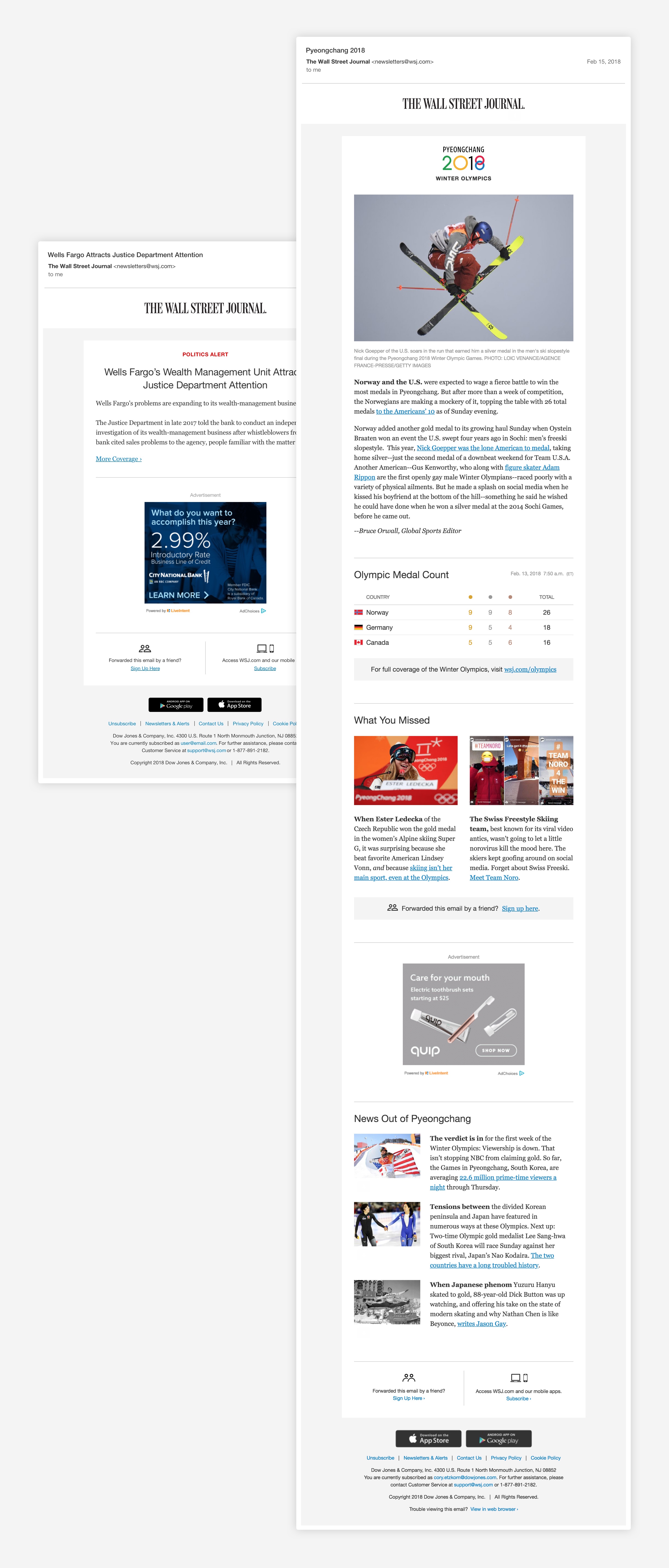 WSJ 2018 Olympics newsletter and a Politics Alert email.