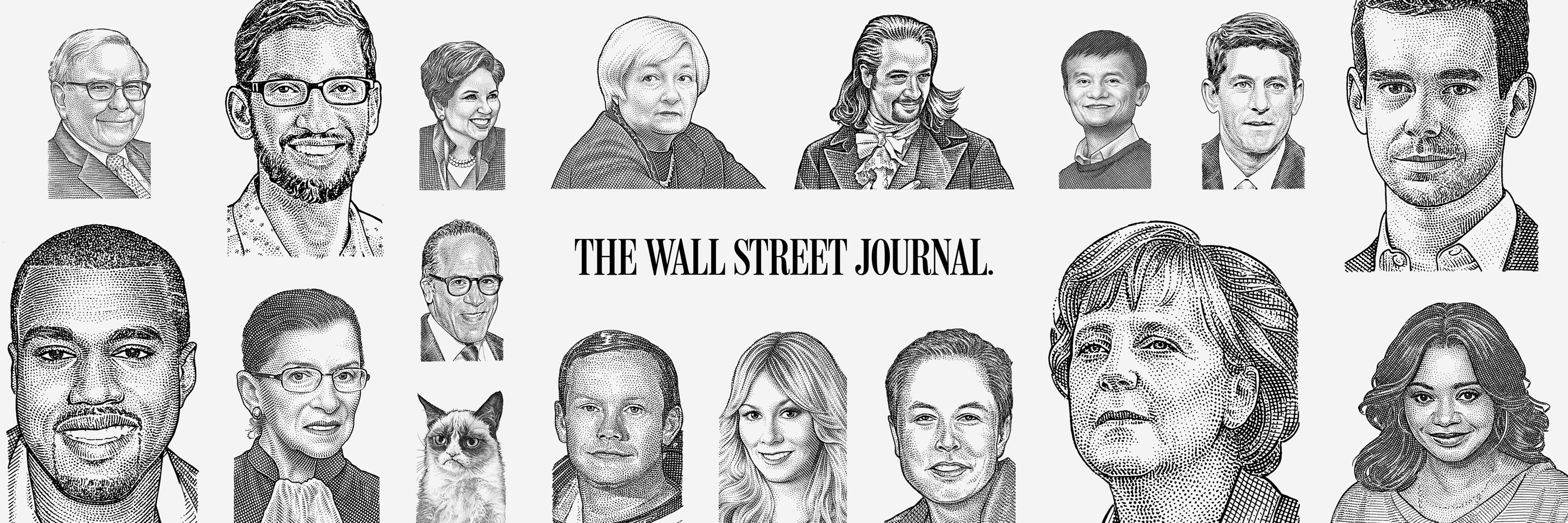 Banner featuring public figures illustrated in the iconic WSJ stipple style. Used for Facebook and Twitter branding.