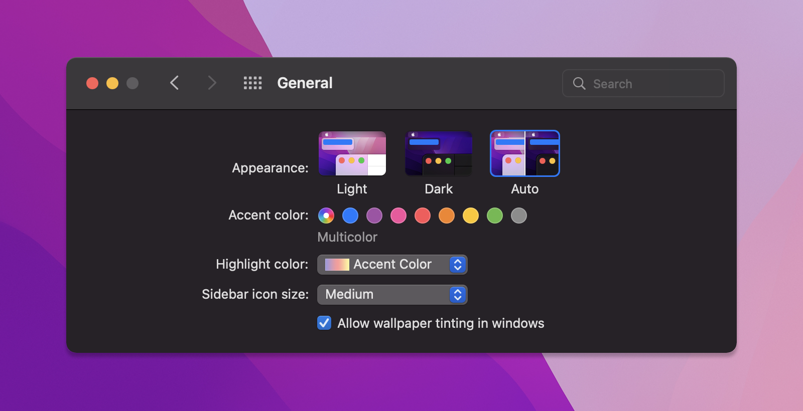 Dark mode as controlled by MacOS system preferences.