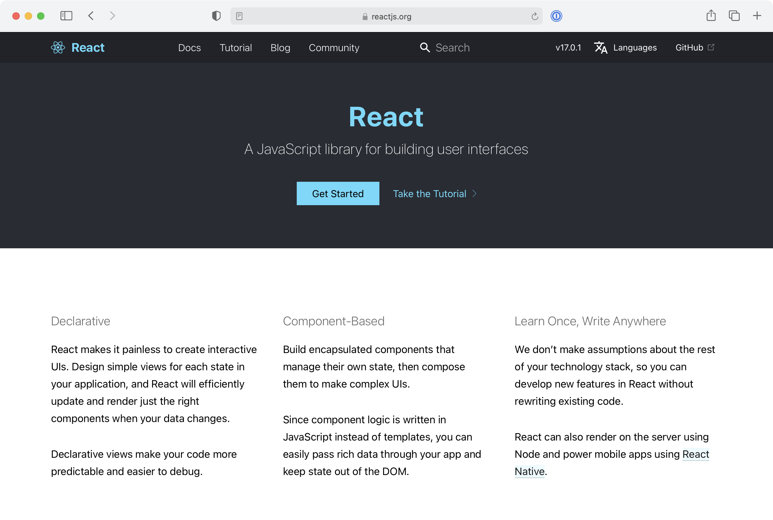 React.js home page